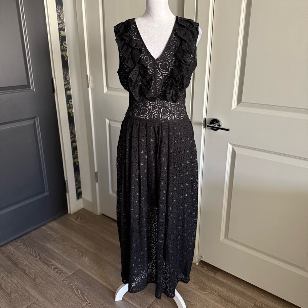 Love Moschino Black Heart Lace Ruffle and Pleated Maxi Dress Size 6